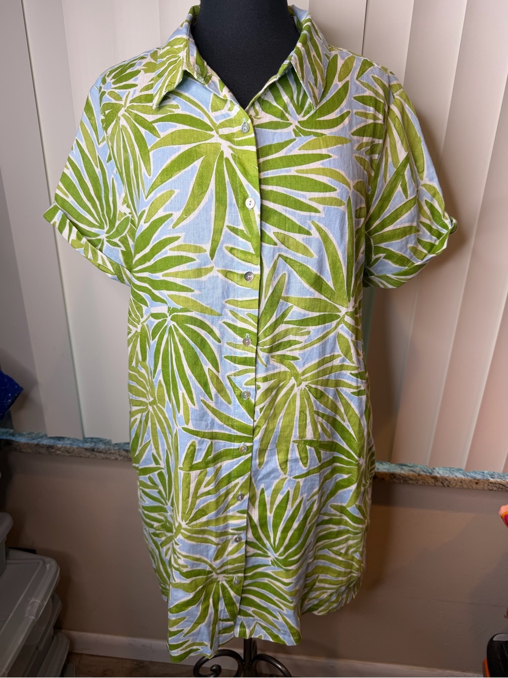 Sigrid Olsen 100% Linen Shirt Dress green blue tropical palm leaf print SZ Large